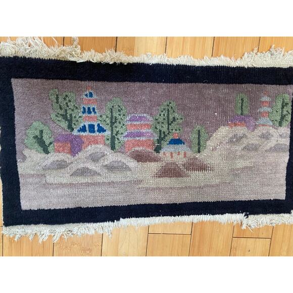 Vintage 1930s At Deco Asian Wool Rug‎ Black, Tan, Pagoda, China - Picture 1 of 5